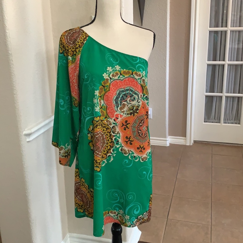 Hello Miss green & orange geometric print one shoulder sexy mini dress Size MED